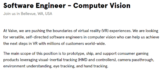 V社或在开发新款VR设备 公司招聘启示现端倪