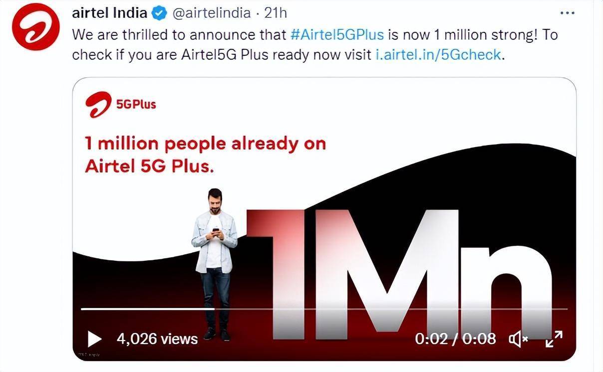 不到30天，印度巴帝电信宣布100万5G用户达成